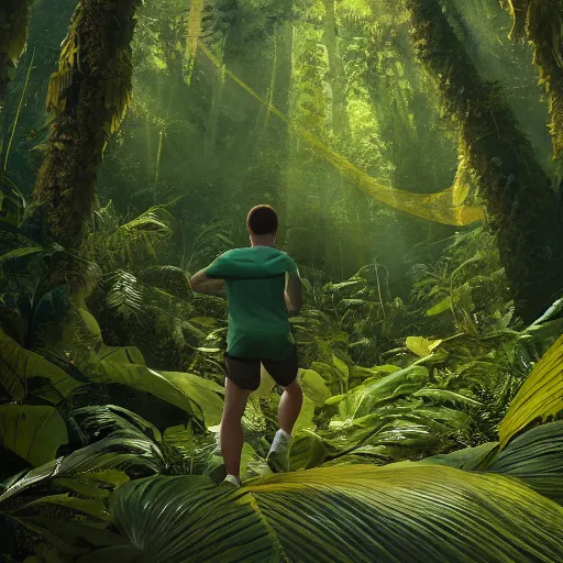 Prompt: sporty guy in acid-green sneakers, runs alone through a jungle with tall trees, shot from the back, natural, in perspective, concept art, cgsociety, octane render, trending on artstation, artstationHD, artstationHQ, unreal engine, 4k, 8k