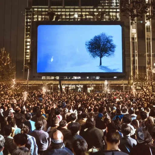 Image similar to a large crowd of people looking up at a large screen with tree displayed