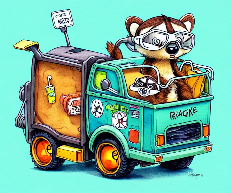 Image similar to cute and funny, racoon wearing goggles driving a tiny garbage truck, ratfink style by ed roth, centered award winning watercolor pen illustration, isometric illustration by chihiro iwasaki, edited by craola, tiny details by artgerm and watercolor girl, symmetrically isometrically centered