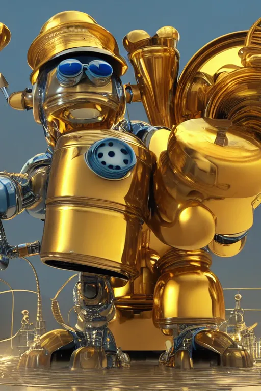 Prompt: portrait photo of a huge golden and blue metal steampunk robot wearing a big chef hat, with steaming pots and pans and tubes, eyes are green lights, shiny crisp finish, 3 d render, 8 k, insaneley detailed, fluorescent colors, background is multicolored lasershow