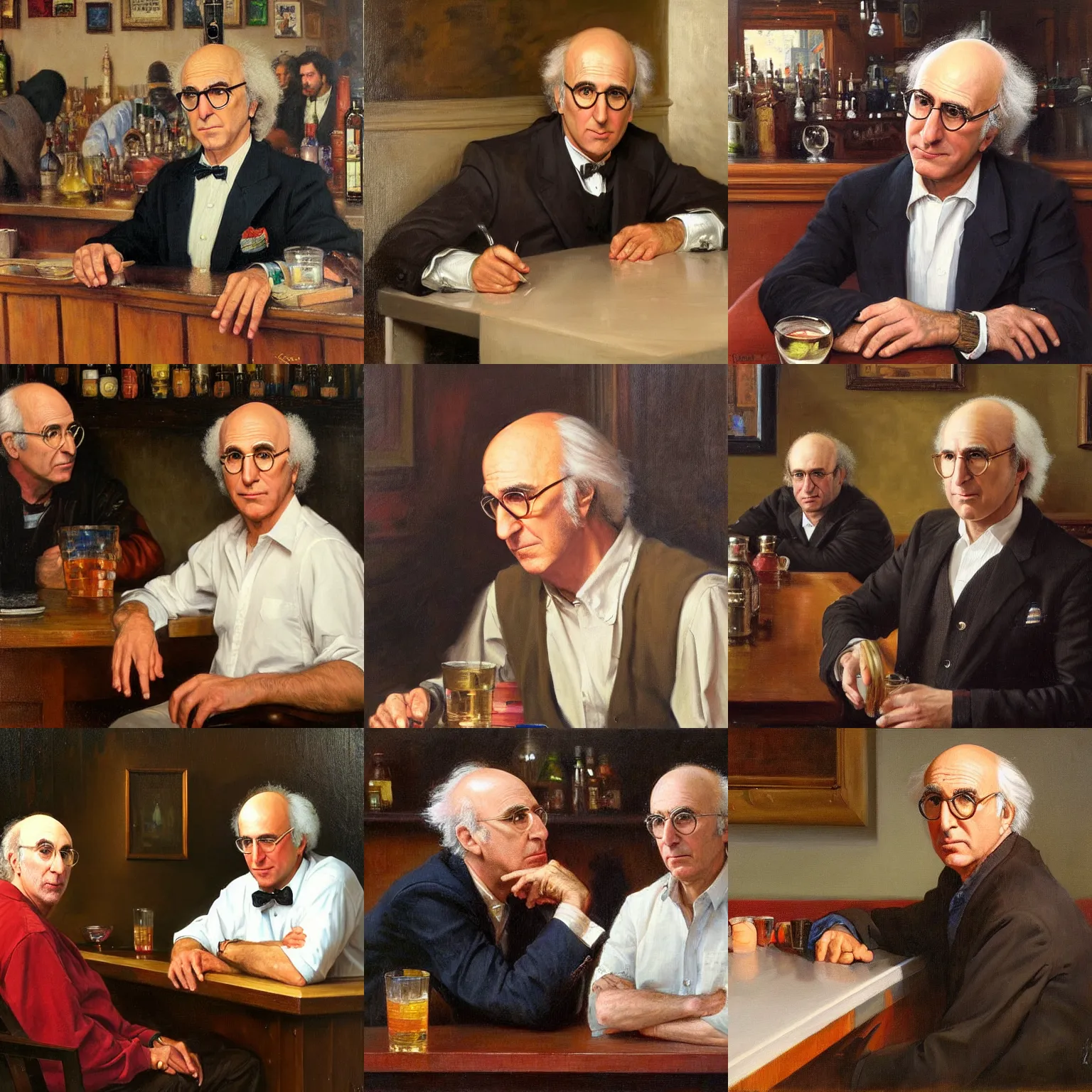 Prompt: painting of larry david looking fed up, sitting at the bar, detailed painting by konstantin makovsky, oil on canvas