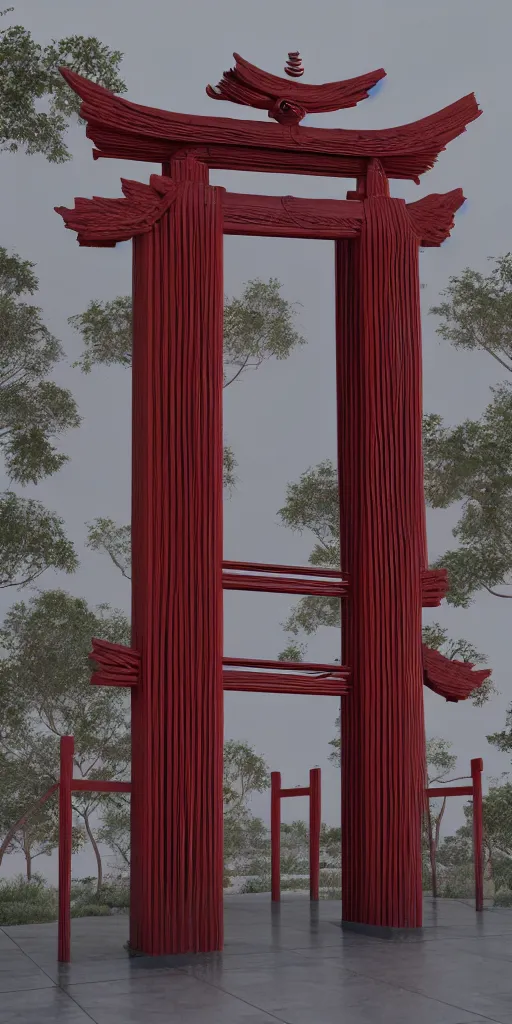 Image similar to 3 d photographic render of a torii gate sculpture made of liquid metal, chrometype, raytraced, hyper realistic, volumetric lightning, 8 k, by zhelong xu, ouchh and and innate studio