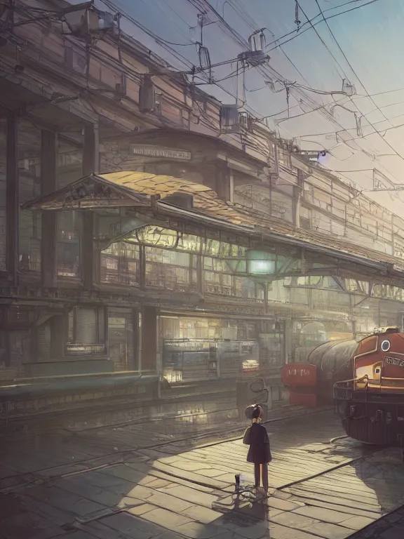 Prompt: A highly detailed matte painting of train station by Studio Ghibli, Makoto Shinkai, by Artgerm, by WLOP, by Greg Rutkowski, volumetric lighting, octane render, 4K resolution, trending on artstation, masterpiece