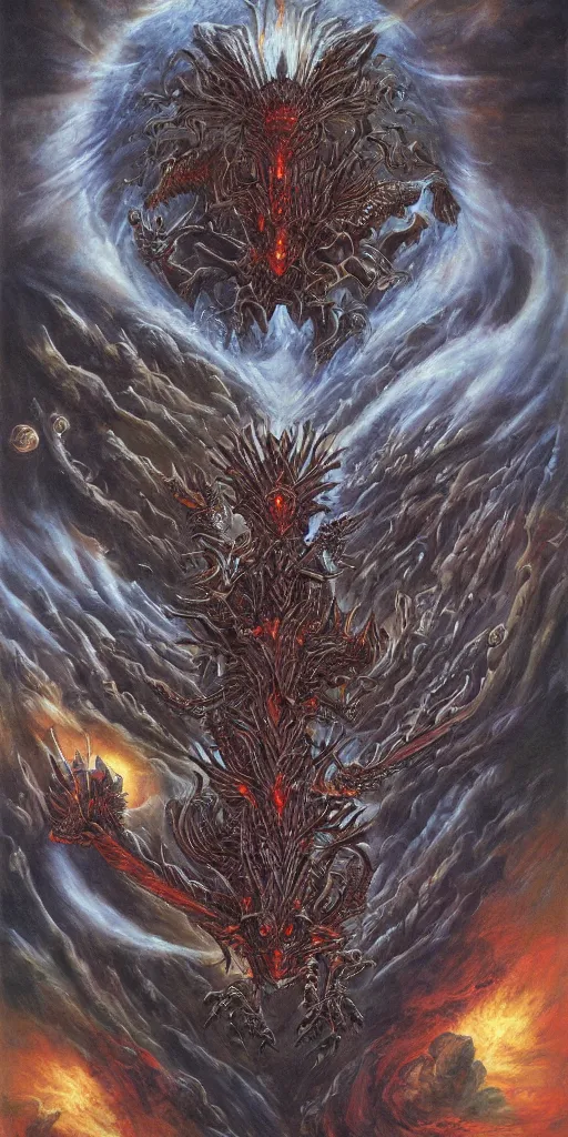 Prompt: an alien dragon demigod descending from outer space to consume the earth, by dan seagrave art