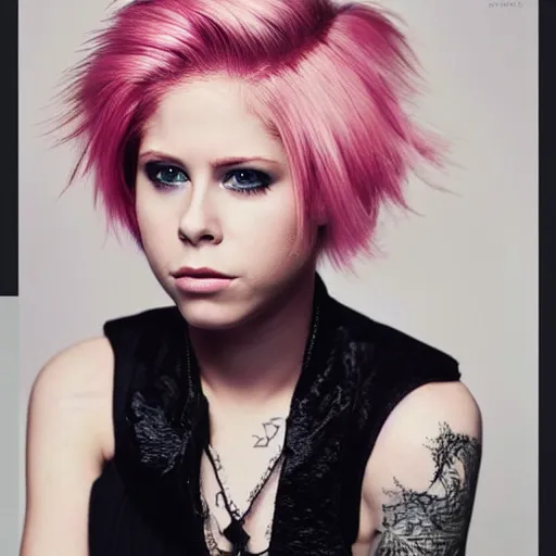 Prompt: photo of a gorgeous Avril Lavigne pink pixie cut hairstyle by Mario Testino, detailed, full body shot, award winning, Sony a7R