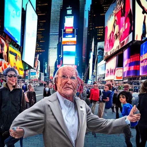 Image similar to time traveler meeting the future in times square alongside with his time machine, 8 k, detailed, lens blur