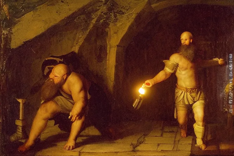 Prompt: a bearded man holds a torch and explores a Dungeon, luminous, Renaissance Painting