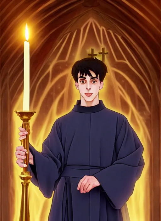 Image similar to kai havertz as a priest wearing robes. holding golden candlestick, in a monestry natural lighting, path traced, highly detailed, high quality, digital painting, by don bluth and ross tran and studio ghibli and alphonse mucha, artgerm