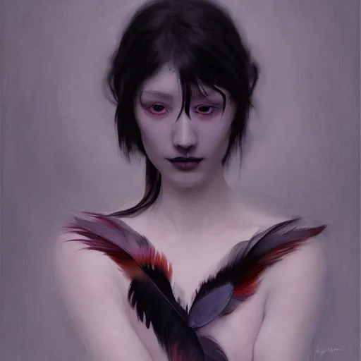 Prompt: yanjun cheng portrait of a beautiful dark fae woman, with black lips, gray mottled skin, black feathers instead of hair, feathers growing out of skin, modestly clothed, intricate, detailed, symmetric face, by wlop and karol bak and bouguereau and viktoria gavrilenko