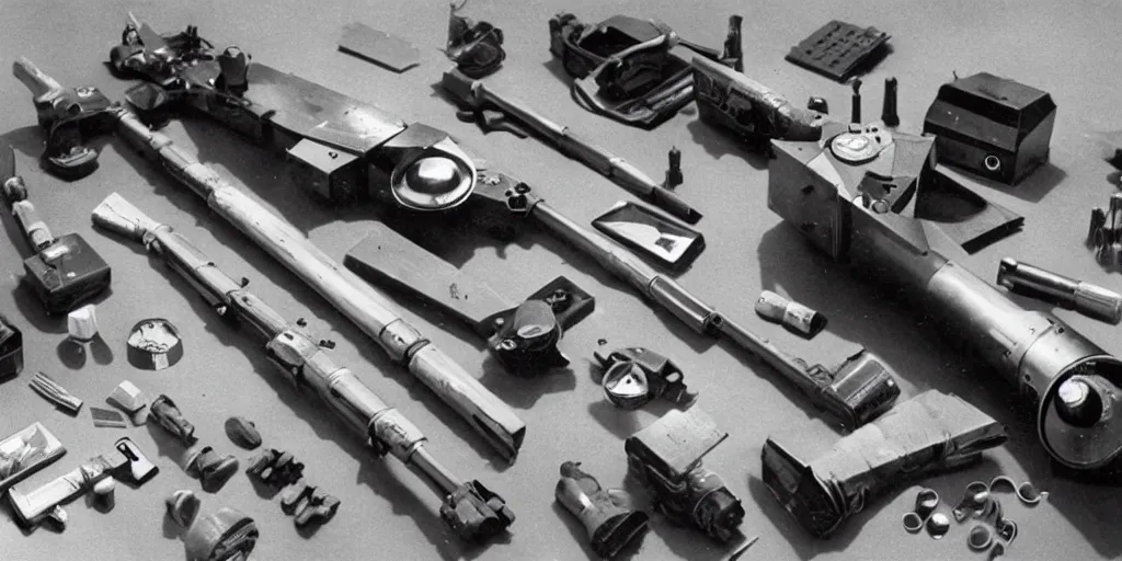 Image similar to knolling of ww 2 space laser weapons, archive photograph, 1 9 5 0's, sci - fi,