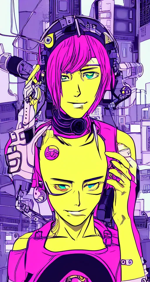 Image similar to portrait of a female cyborg cyberpunk gutterpunk, yellow and pink, in the style of manga