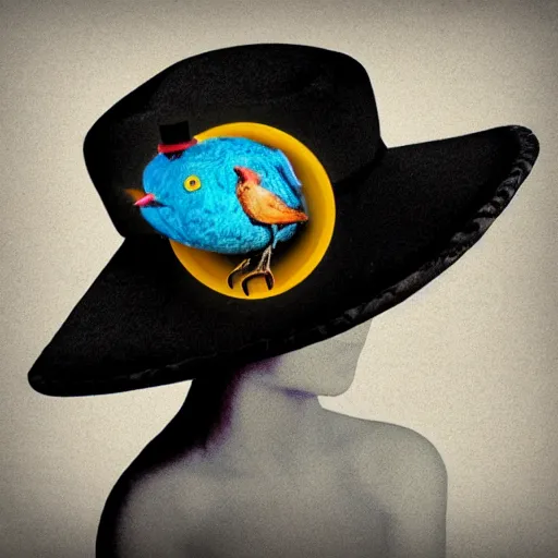 Prompt: a hat with a bird on the top of it, an album cover by Bridget Bate Tichenor, featured on deviantart, video art, creepypasta, adafruit, daz3d