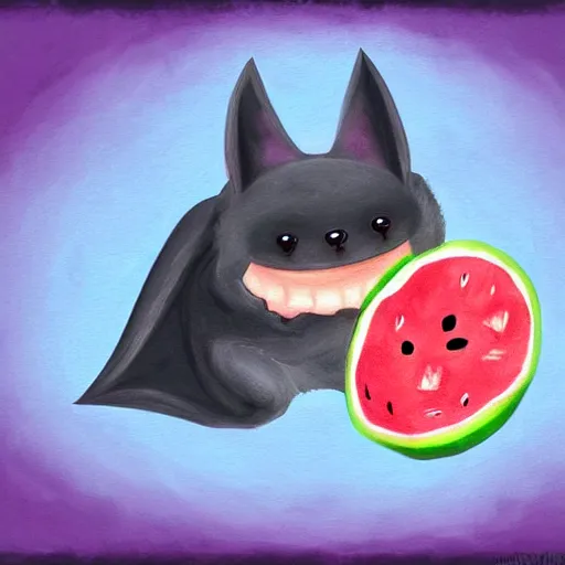 Prompt: cute bat eats a piece of watermelon digital painting