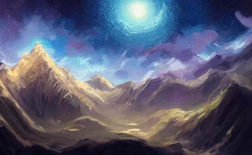 Image similar to mountains, stars and paisley filled sky, artstation, complex, highly detailed, digital painting, concept art, sharp focus, illustration