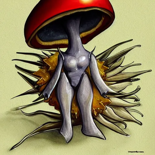 Prompt: mushroom alien wearing a formal military outfit science fantasy, painting, elegant, intricate, digital painting