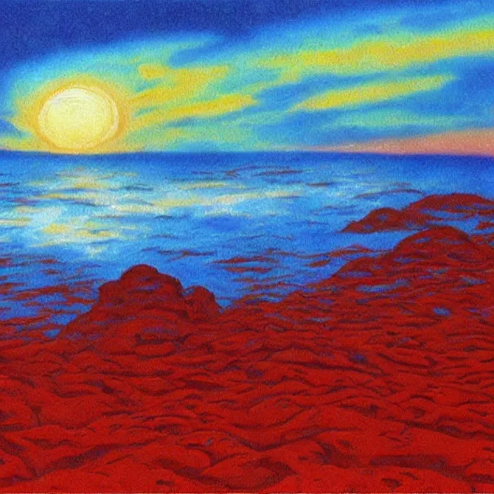 Image similar to a alien planet with a red ocean and blue sand and rocks at sunrise, bob ross painting, high coherence, highly detailed, high quality, masterpiece, award - winner, hyperrealistic