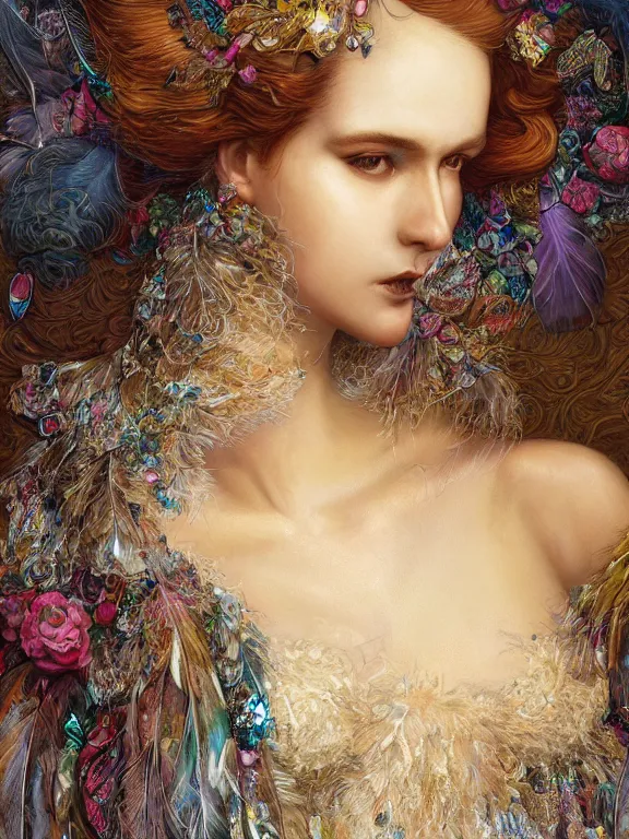 Image similar to realistic 3d character render of a beautiful woman, veiled, embellished sequined,feather-adorned,by tom bagshaw,Cedric Peyravernay,William Holman Hunt,William Morris,Catherine Nolin,metropolis,Gucci,Dior,intricate, elegant, highly detailed, digital painting, artstation, concept art, smooth, sharp focus, illustration,maximalist,glittering,feminine