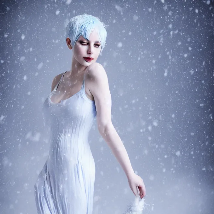 Image similar to full body portrait of a stunningly beautiful woman with pale blue hair wearing a long white dress made out of snowflake in the middle of a heavy snowstorm. she looks almost dead because of how pale she is. by maromi sagi