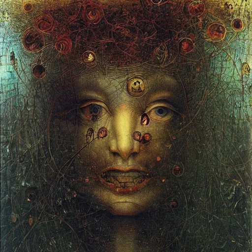 Image similar to an oil painting by botticelli, by arcimboldo, by yoshitaka amano, by beksinski seen through a kaleidoscope, detailed, high resolution