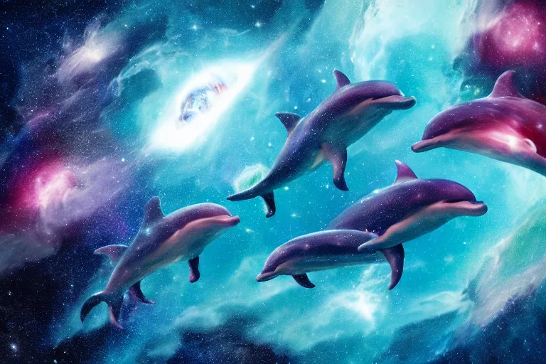 Image similar to a group of cosmic dolphins jumping out of a ocean in the cosmos in space, epic composition, 4 k