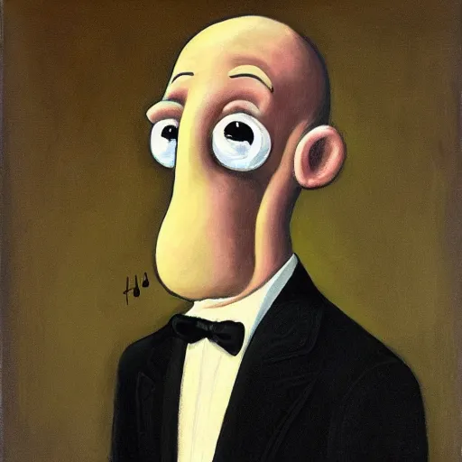 Prompt: handsome squidward, wearing an ornate suit, portrait style painting