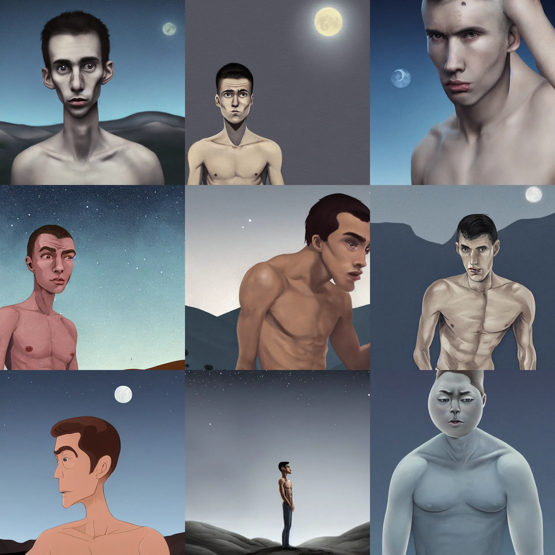 Prompt: Side view close up of a gaunt, skinny caucasian young man, grey skin, with a large head and big round eyes, a pronounced chin, a sad expression, shirtless, walking over a foggy barren landscape at night. Stars, hills and moon cover in clouds in the background. Dramatic lighting. Blue color palette. Digital art animated oil painting. Tim Burton style. Sketch