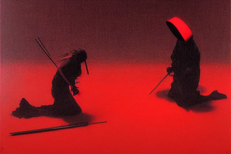 Image similar to only with red, a red samurai harakiri, tokio, a lot of frogs watch, in the style of beksinski, parts by edward hopper, parts by rodcenko, parts by yue minjun, intricate and epic composition, red by caravaggio, insanely quality, highly detailed, masterpiece, red light, artstation, 4 k