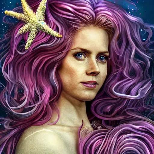 Prompt: amy adams portrait, fantasy, mermaid, hyperrealistic, game character, underwater, highly detailed, sharp focus, cinematic lighting, pearls, glowing hair, shells, gills, crown, water, highlights, starfish, jewelry, realistic, digital art, pastel, magic, fiction, ocean, king, colorful hair, sparkly eyes, fish, heroic, goddess, waves, bubbles, queen