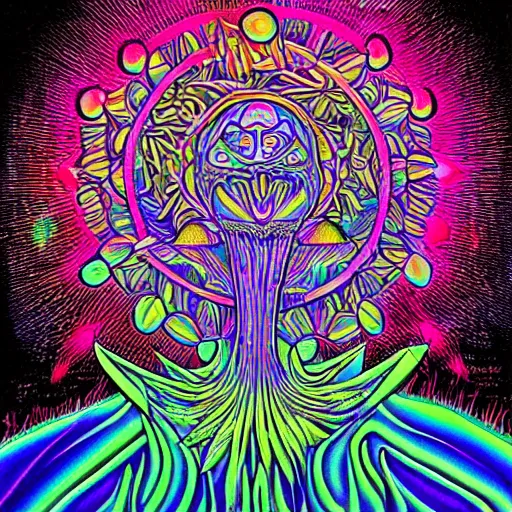 Image similar to Terence McKenna reincarnated as a magic mushroom. in style of Alex Grey, highly detailed, blacklight poster