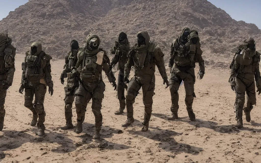 Prompt: a group of five people in dark green tactical gear like death stranding and masks on a rescue mission like the film stargate walk through a sandy desert with distant red mesas ahead of them. They've found a dead body. dusty, mid day, heat shimmering.