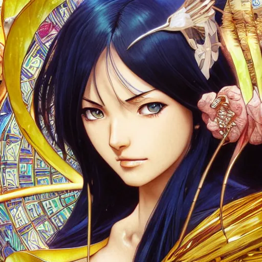 Image similar to highly detailed vfx portrait of nico robin by eiichiro oda, makoto shinkai, alphonse mucha, sharp focus, art by artgerm and greg rutkowski!, backlit, harsh overhead sunlight, blue eyes, stanley kybric, kaoru mori, hyper detailed, smooth pixiv, fanbox,