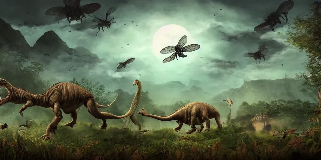 Prompt: exciting and spooky adventure landscape featuring dinosaurs and flying insects