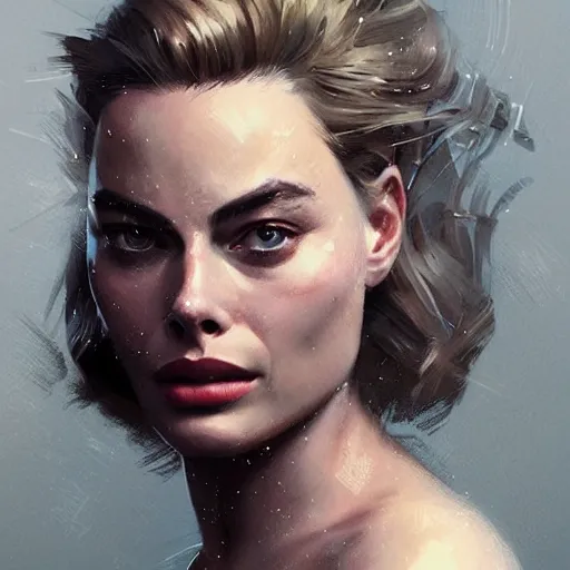 Image similar to “Portrait of Margot Robbie by Greg Rutkowski, young, attractive, highly detailed portrait, scifi, digital painting, artstation, concept art, smooth, sharp foccus ilustration, Artstation HQ”