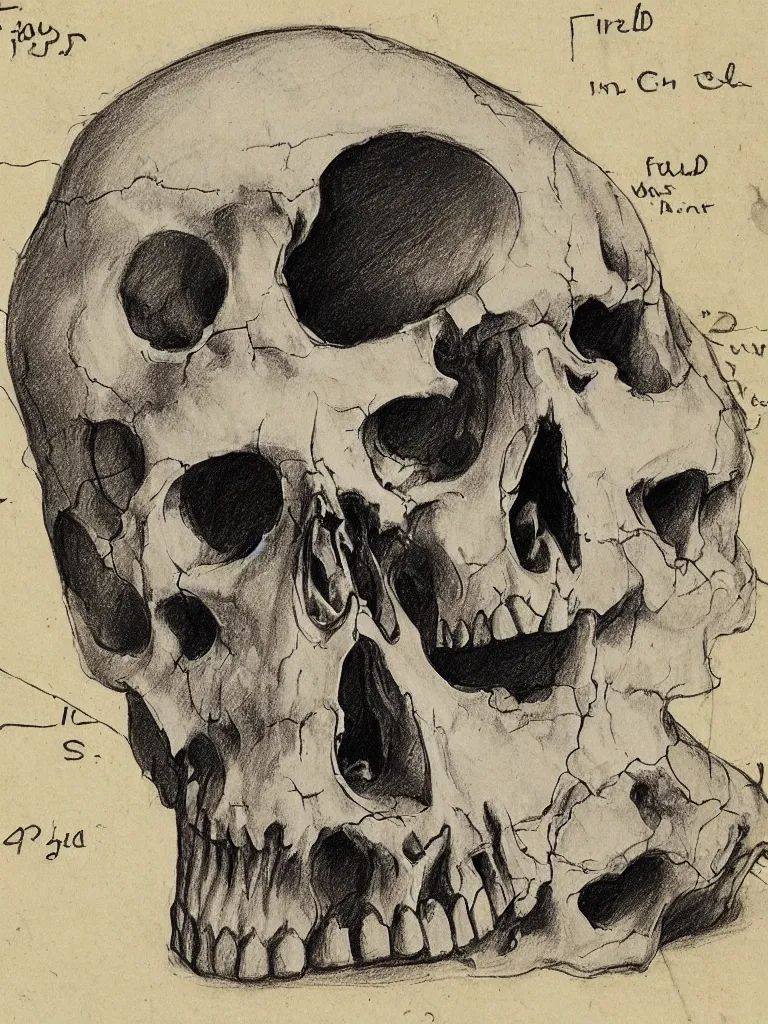 Prompt: The skull and cross-section of a dragon, field journal, sketch, marginalia, notes, measurements