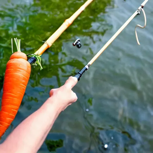 Image similar to dangling carrot in a fishing rod in front of a blonde man,