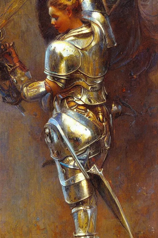 Image similar to full body girl metal armor painting by gaston bussiere