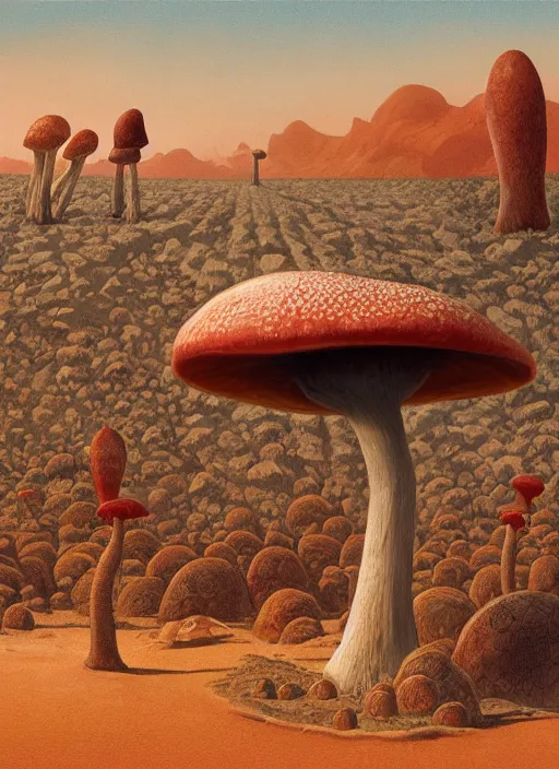 Image similar to painting of a desert scene with a large mushroom, concept art by moebius, behance contest winner, nuclear art, concept art, matte drawing, official art