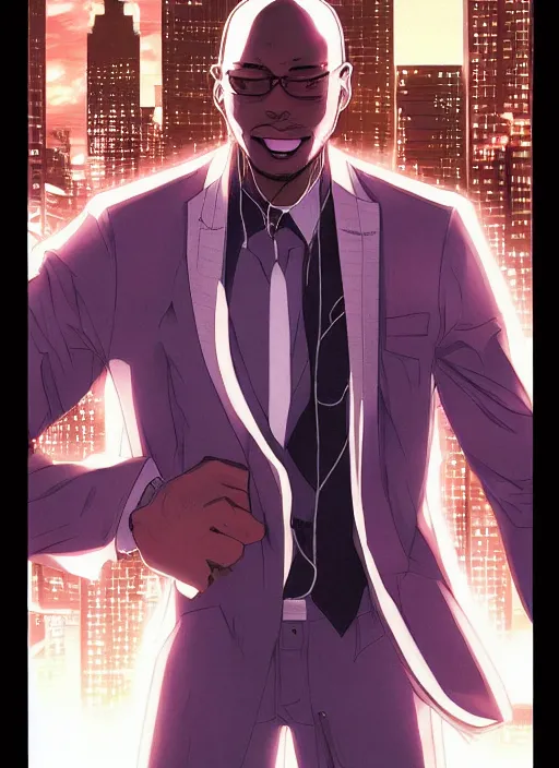 Prompt: manga cover, bald african-american man sticking out his tongue, large tongue, business suit intricate cyberpunk city, emotional lighting, character illustration by tatsuki fujimoto