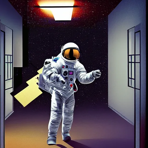 Image similar to astronaut enters the young woman's apartment, digital art, epic composition, highly detailed, cinematic lighting