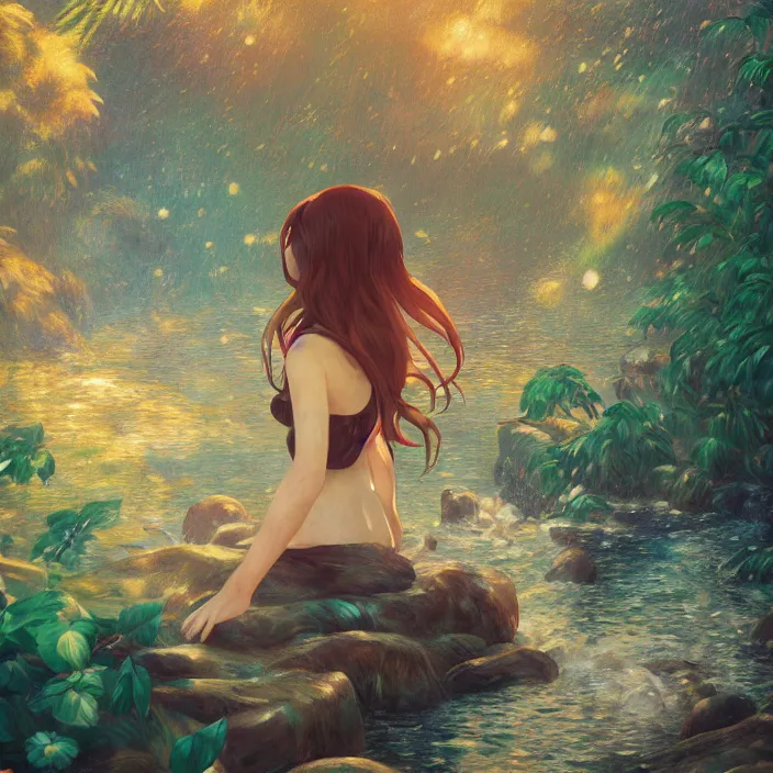 Image similar to an epic makoto shinkai and renoir landscape with a hawaiian waterfall, golden hour, 🌺, a beautiful woman with long brown hair, ultra smooth, octane render, lois van baarle, ilya kuvshinov