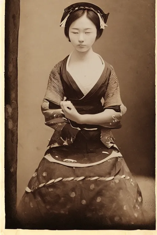 Image similar to first ever photograph of a catgirl, historic photograph, nekomimi cat ears, 19th century japan