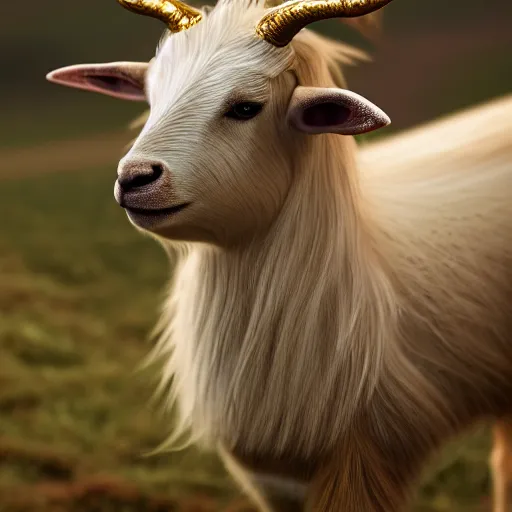 Image similar to real life photo of a beautiful Guernsey golden goat, full body photoshoot, curly golden hair, brown watery eyes, full round face, short smile, short horns, serene field setting, cinematic lightning, medium shot, mid-shot, highly detailed, trending on artstation, Unreal Engine 4k, 80mm, 85mm, cinematic wallpaper