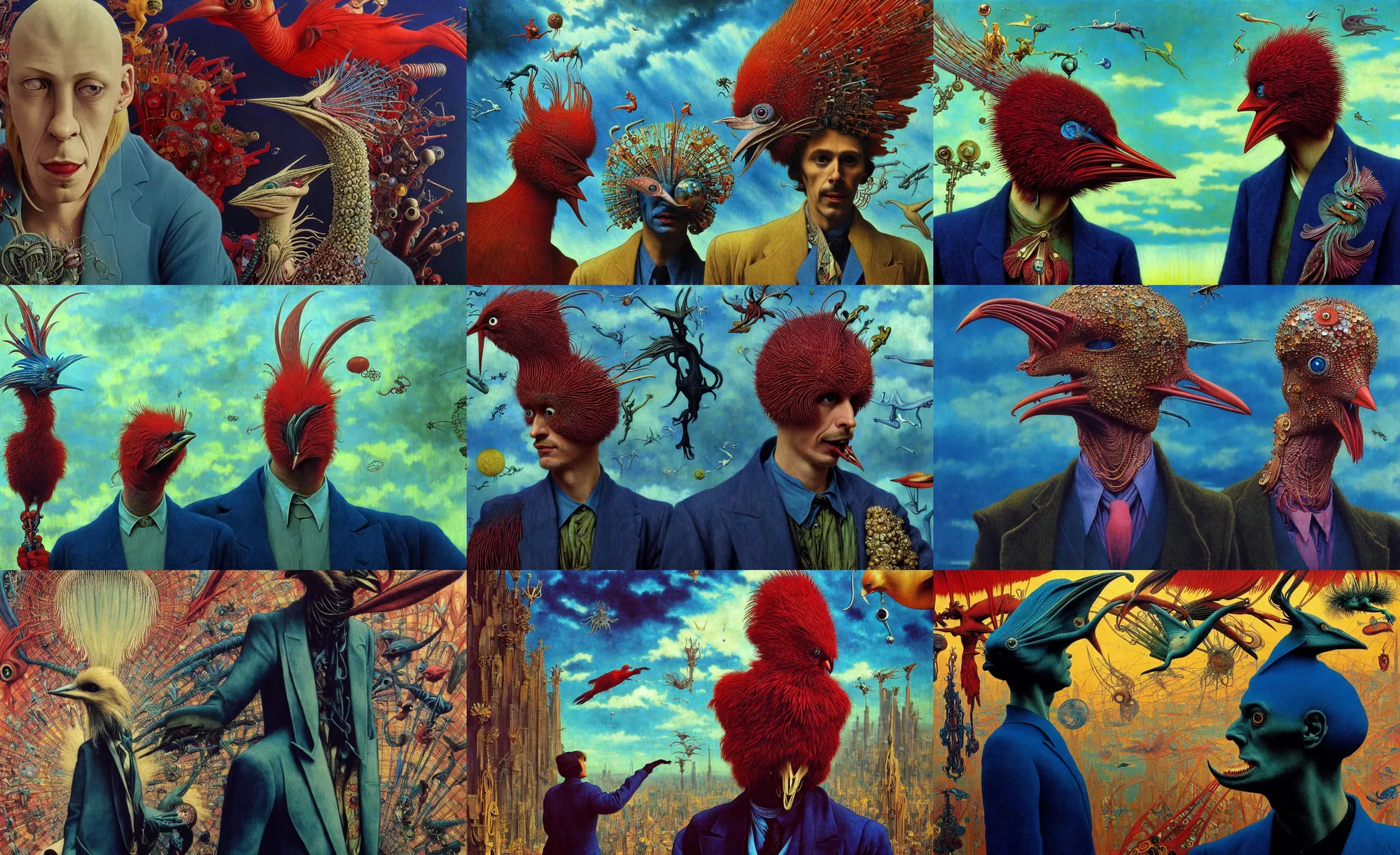 Image similar to realistic detailed portrait movie shot of a birdman wearing a dark blazer, sci fi city landscape background by denis villeneuve, amano, yves tanguy, alphonse mucha, ernst haeckel, max ernst, roger dean, masterpiece, rich moody colours, dog teeth, blue eyes