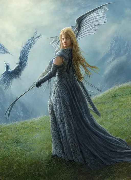 Prompt: full body portrait of a beautiful women with wings of lace in a lord of the rings scenery landscape, by artgerm, sunny day, highly detailed, perfect lighting, perfect composition, 4 k, by alan lee, by derek zabrocki, by greg rutkowski