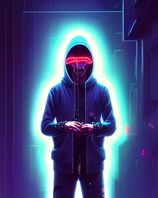 Prompt: cyberpunk synth, hyper - realistic detailed portrait of a man in a hoodie, with neon projection mask, digital painting, by atey ghailan, by greg rutkowski, by greg tocchini, by james gilleard, by joe fenton, by kaethe butcher, sharp focus