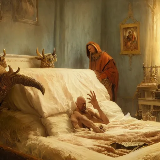 Image similar to the catholic pope in his bed, scared, because a horned demon is attacking the pope. highly detailed painting by gaston bussiere, greg rutkowski, craig mullins 8 k