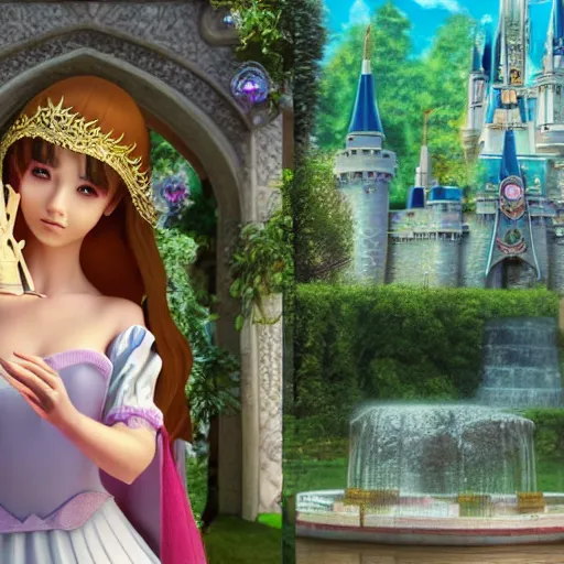 Image similar to a very detailed, ultra-realistic, pleasant, beautiful, funny, smooth 3D CG render, semirealistic anime style, close-up of a gorgeous, cute, gentle, noble priestess magician princess girl wearing dress and jewelry, in a glorious magic kingdom with castle and walls, relaxing calm vibes, fairytale, octane render