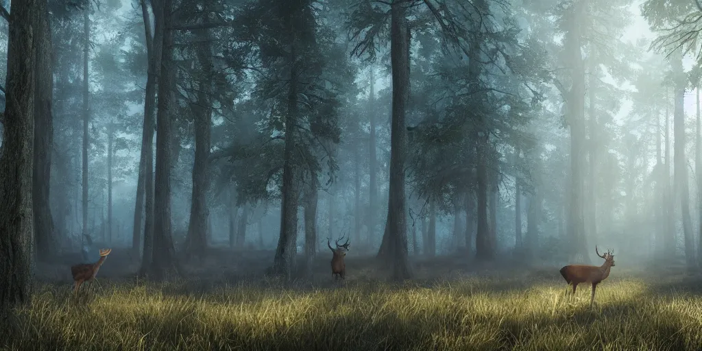 Prompt: forrest with beautiful deer, superwide angle, light through the mist, dramatic lighting, photorealistic, cinematic lighting, high detail, cinematic feel, high octane, 4 k, unreal engine, digital render, intricate, ultra realistic, concept art