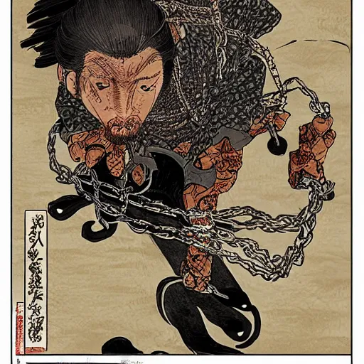 Image similar to by hokusai, samurai man vagabond, the samurai is wrapped in chains, detailed, editorial illustration, matte print, concept art, ink style, sketch, digital 2 d