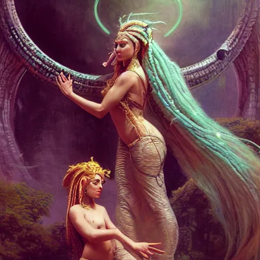 Image similar to birth of mami wata, sumerian goddess inanna ishtar, ashteroth, techno mystic goddess princess intergalactica, with aqua neon rapunzel dreadlocks, mami wata, detailed, by gaston bussiere, bayard wu, greg rutkowski, giger, maxim verehin, greg rutkowski, masterpiece, sharp focus,